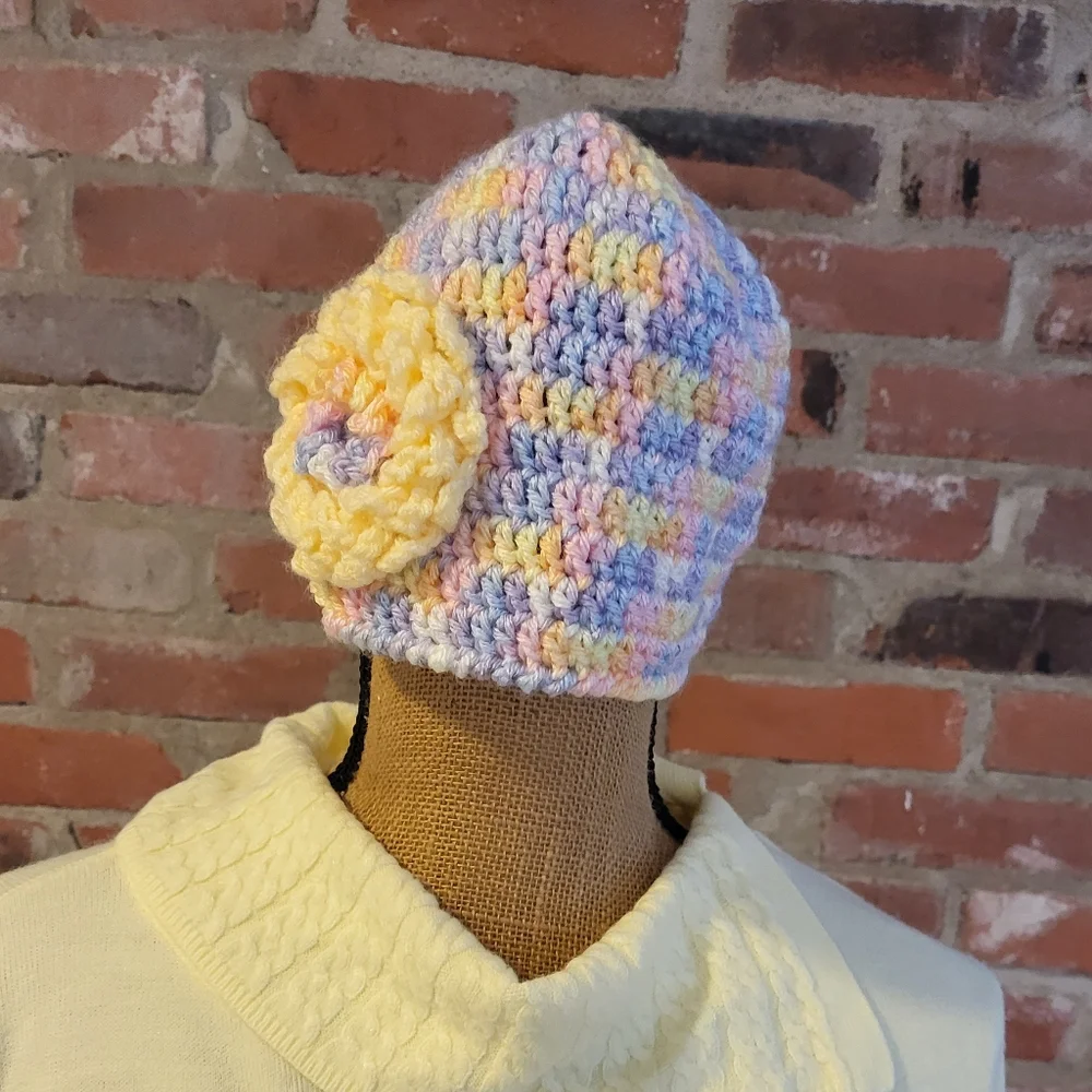 Hand knit pastel rainbow beenie